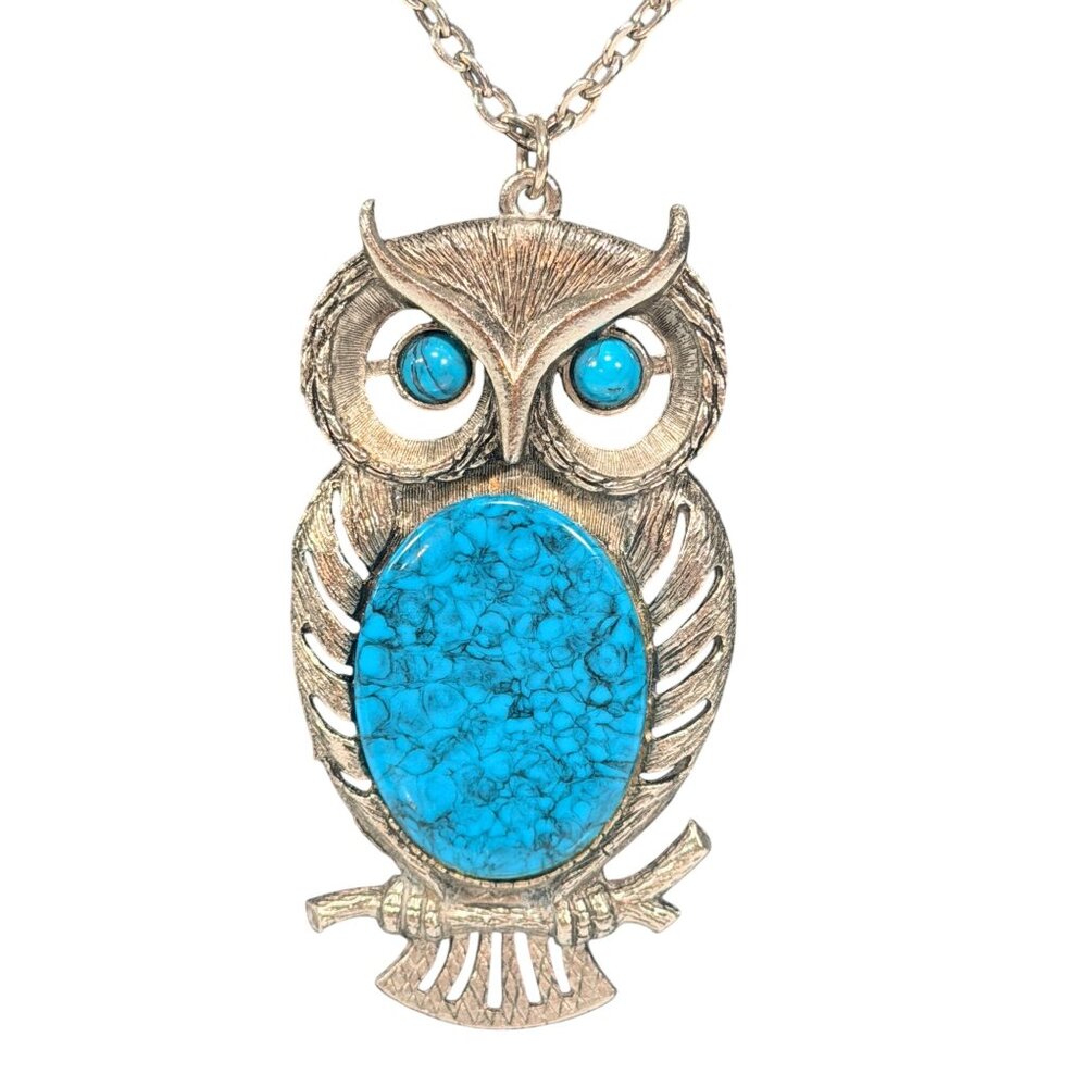 Vintage Statement Large Faux Turquoise Silver-Tone Owl Pendant Necklace MCM - Picture 2 of 5